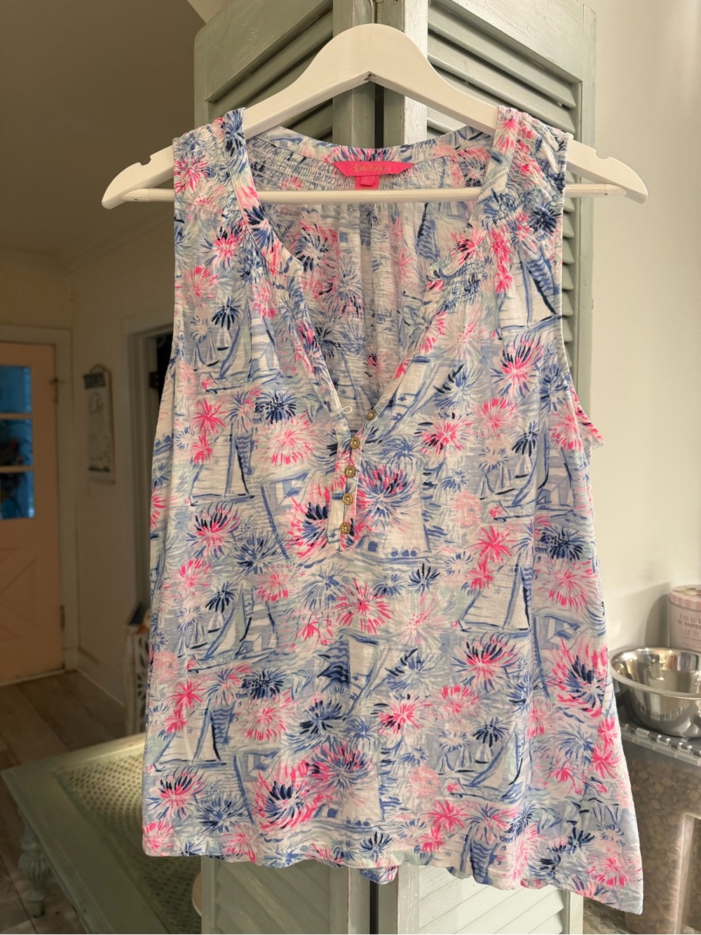 Lilly Pulitzer Pink & Blue Tropical Sailboat Sleeveless Blouse